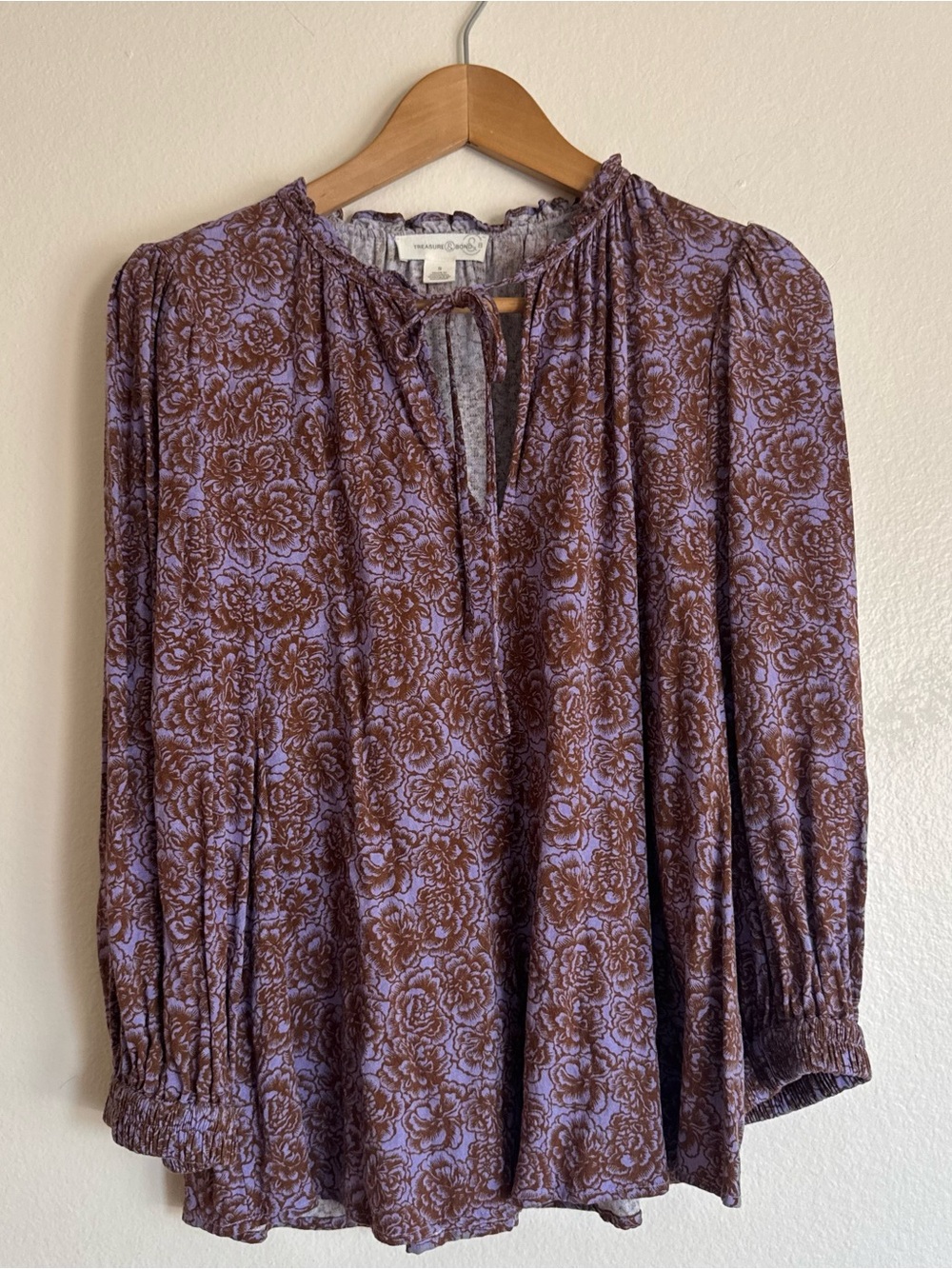 Treasure & Bond Purple and Brown Floral Tie-Neck Blouse Paisley Peasant Blouse